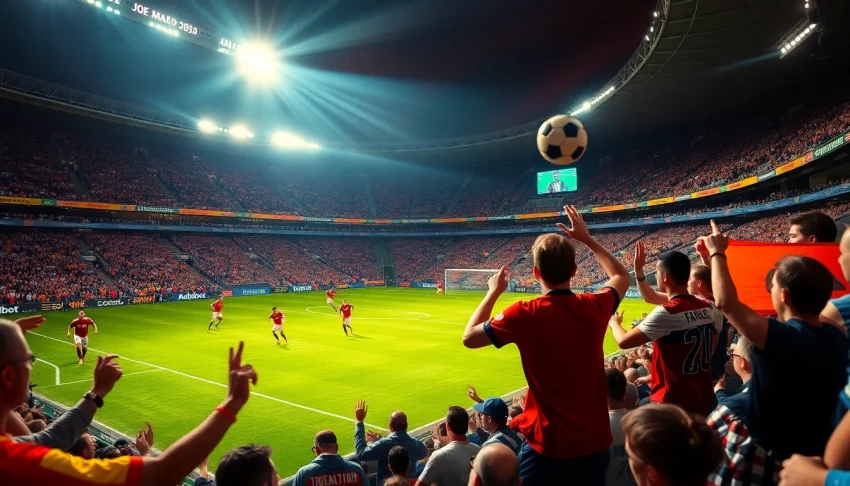 Exciting soccer match scene showcasing joemadfan.com enthusiasm with fans and dynamic gameplay.