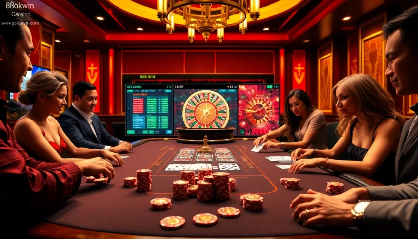 Players enjoying a thrilling card game at 88okwin.com, showcasing luxury with poker chips and roulette wheel.