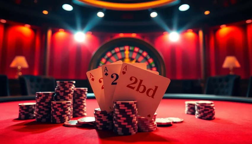 Experience the thrill of betting at 222bd with a vibrant poker table and roulette wheel.