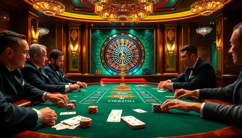 Experience the thrill of OKKING at an upscale casino poker table with vibrant chips and cards.