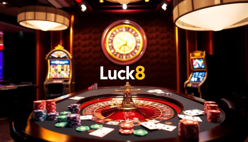 Engaging scene of Luck8 casino showing poker chips, slot machine, and roulette wheel.
