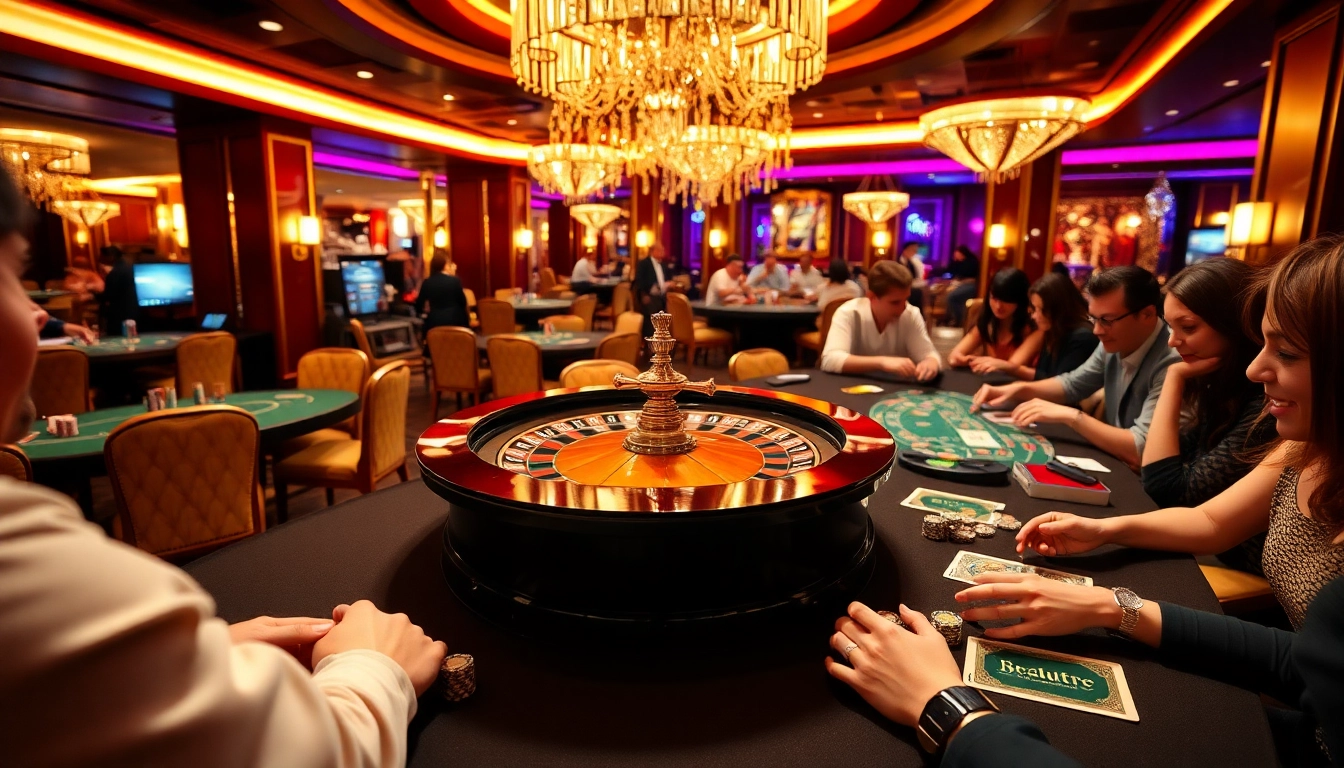 B52club players enjoying an exciting casino experience at luxurious tables with chips and cards.