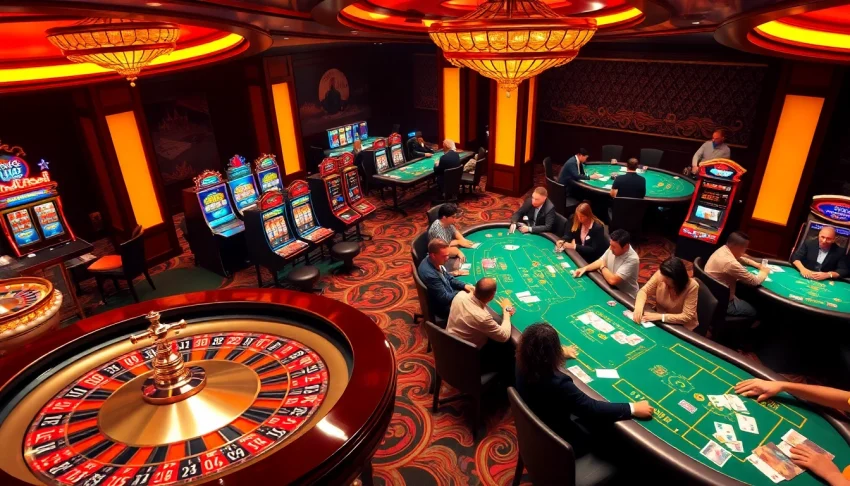 Experience the thrill of LV88 with vibrant casino tables, excitement from players, and luxury lighting.