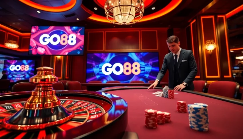 Experience the excitement of go88 gaming at a classy casino table with poker chips and a roulette wheel.