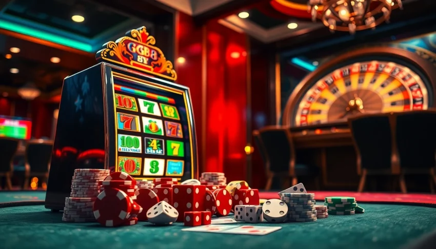 Players enjoying casino games at Gg88 Tech, featuring vibrant slots, poker chips, and roulette.