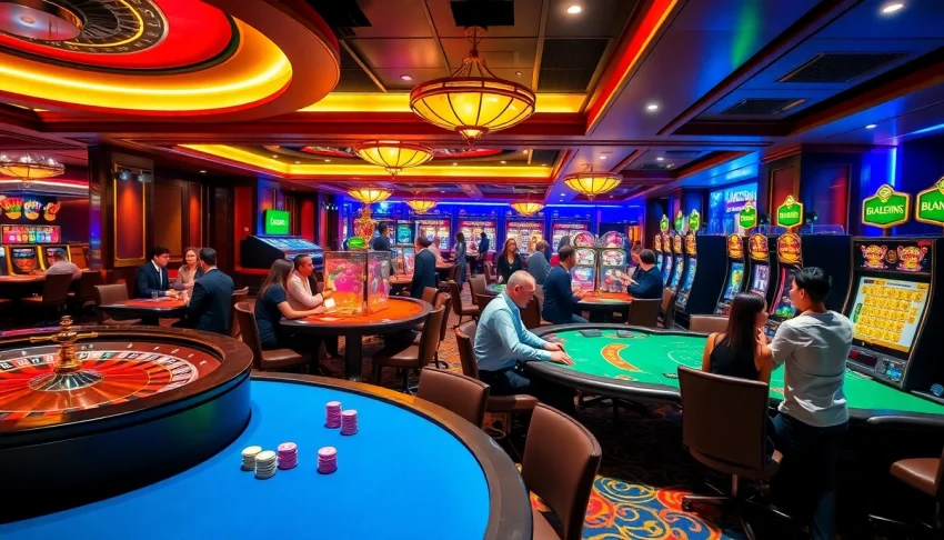 Enjoying a thrilling game at LC88.COM with poker tables and bright slot machines.