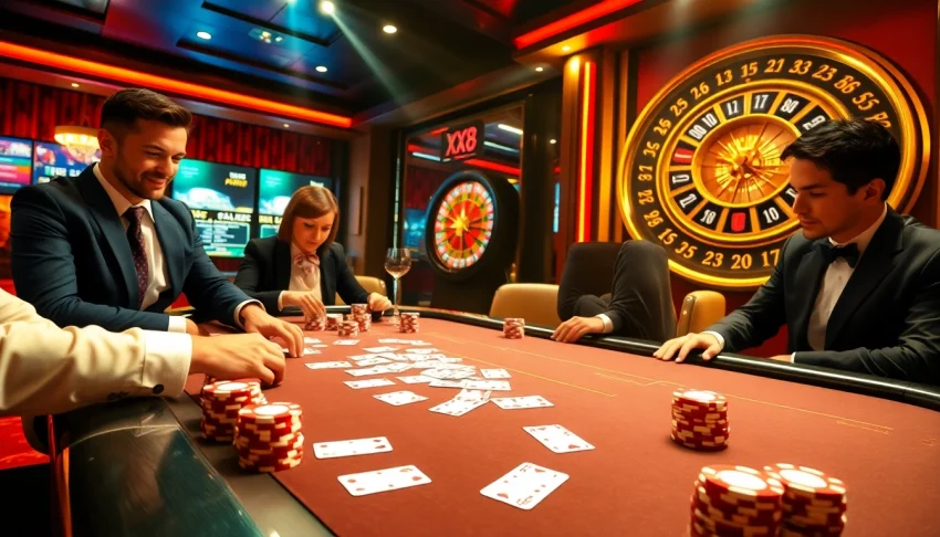 Players enjoying a thrilling poker game at XX88 Casino, complete with chips and cards, in a luxurious setting.