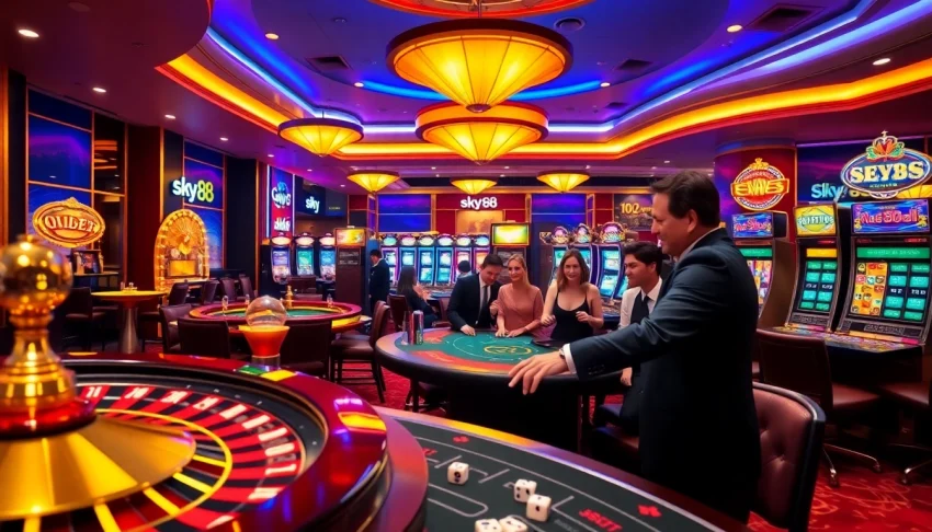 Experience thrilling gaming action at sky88 with vibrant tables and slot machines.