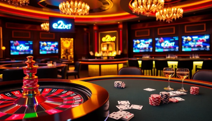 E2bet digital roulette wheel and poker table in a vibrant casino setting, showcasing luxurious gambling excitement.