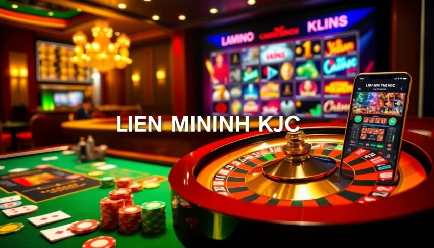 High-energy casino scene showcasing LIÊN MINH KJC with gaming tables, chips, and a vibrant roulette wheel.