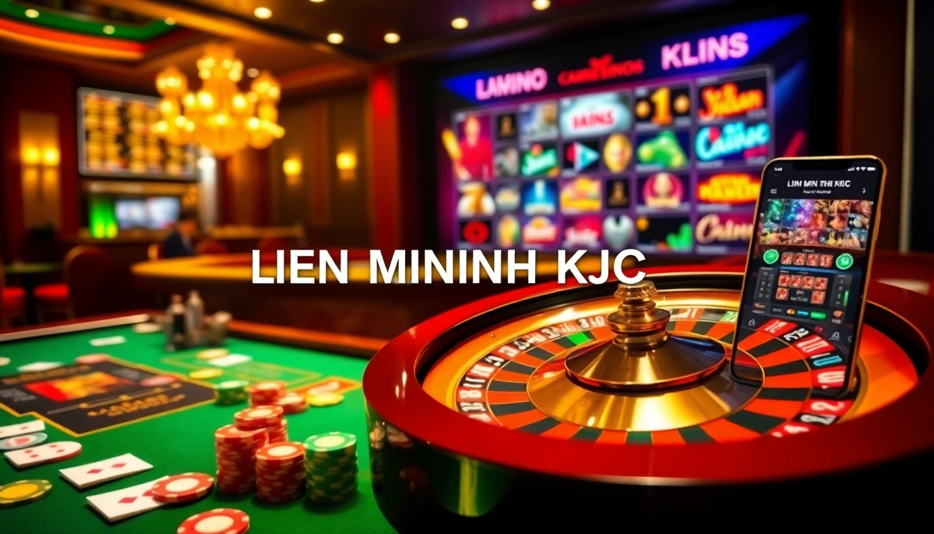 High-energy casino scene showcasing LIÊN MINH KJC with gaming tables, chips, and a vibrant roulette wheel.