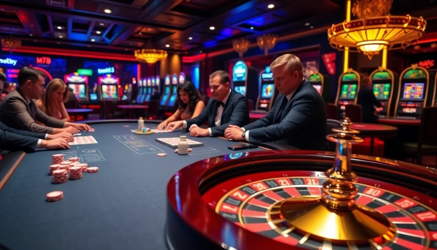 Gambling at MK8 with players engaged at tables and vibrant roulette wheels.