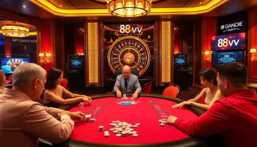 Experience high-stakes excitement at 88vv's poker table amid vibrant casino energy.
