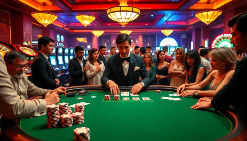 Experience the thrilling environment of rikvip368.com with excited gamblers at a lively casino table.