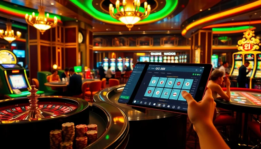Experience the thrill of winning at GG 88 with a vibrant casino scene featuring roulette wheels and poker chips.
