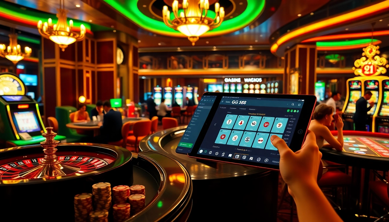 Experience the thrill of winning at GG 88 with a vibrant casino scene featuring roulette wheels and poker chips.