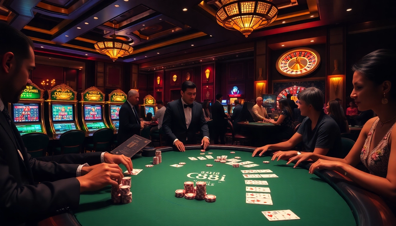 Players strategizing at a vibrant casino table featuring 88i, with poker chips and cards.