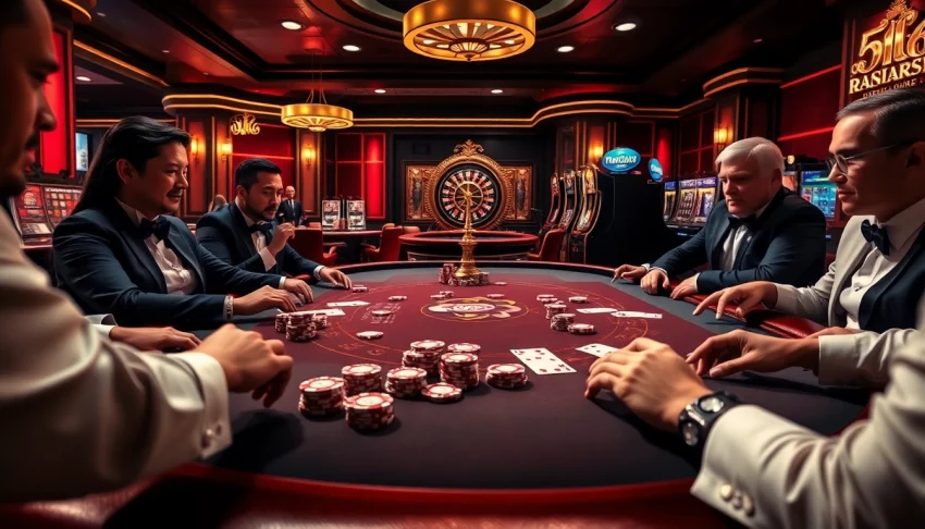 Exciting gambling scene featuring OK365 poker chips and cards at a luxurious casino.