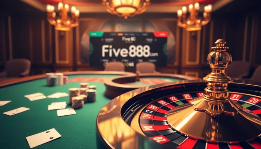 Experience the thrill of high-stakes gaming at https://five88bc.com/ with a lavish poker table and roulette wheel.