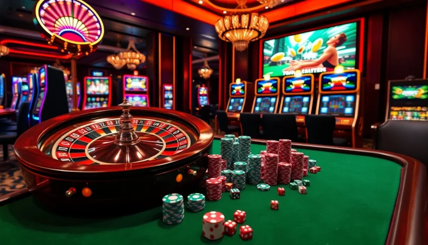 Engage with thrilling gameplay at rr88 link featuring an elegant casino scene with roulette and slot machines.