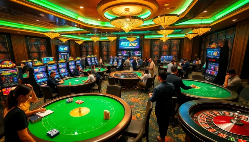 Experience excitement at FLY88 with players engaging in dynamic online gambling at luxurious casino tables.