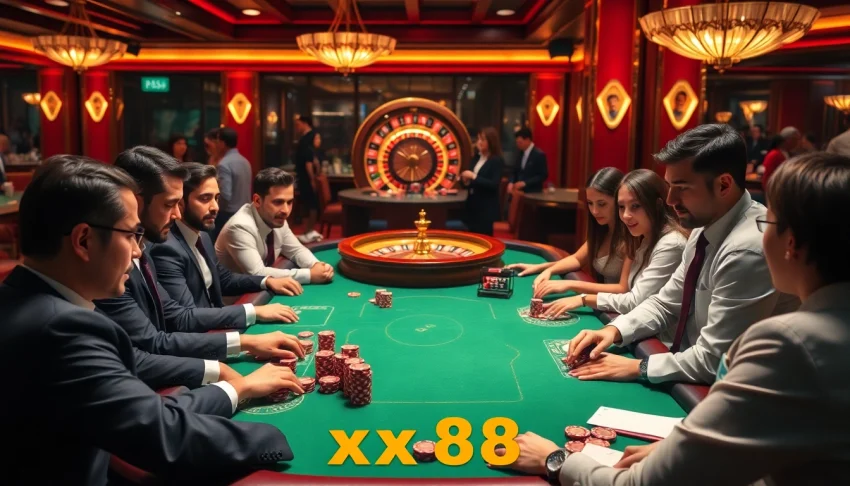 Experience the excitement of xx88 at a sophisticated casino poker table with chips and cards.