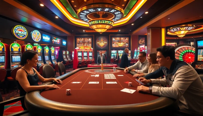 Experience high-stakes play with VMAX at a luxurious casino gaming table surrounded by vibrant slot machines.