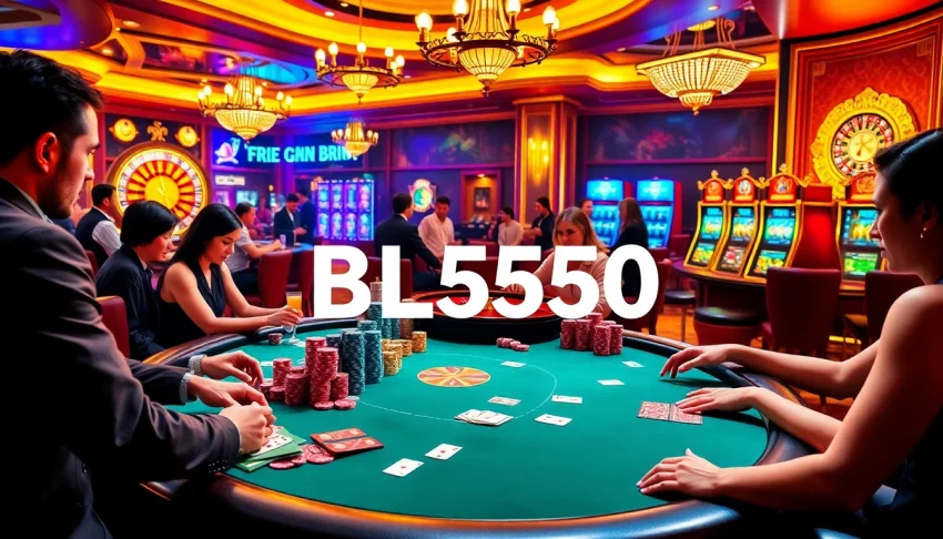 BL555 poker players strategizing at a casino table with vibrant chips and cards.