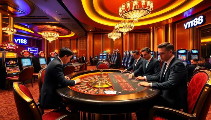 Exciting vt88 casino scene with professional gamblers at roulette and poker tables.
