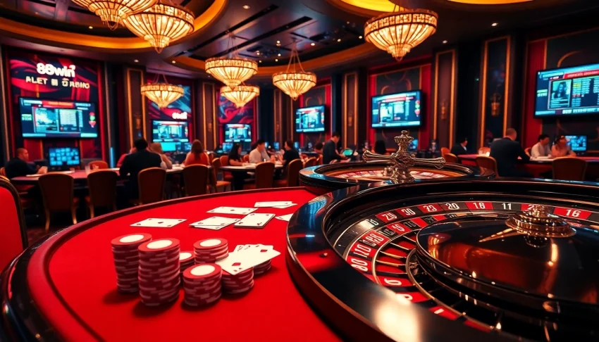 Exciting casino action at 98win trang chu with players engaging in poker and roulette.