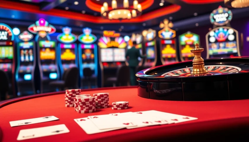 Engaging MM88 casino atmosphere featuring poker tables and slot machines, capturing the thrill of gambling.