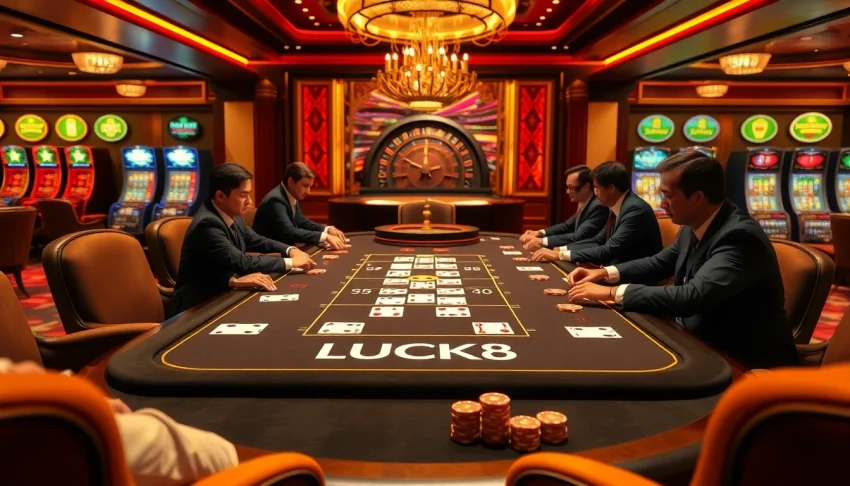 Trận poker căng thẳng tại bàn casino mang nhãn hiệu LUCK8, nổi bật với các chip và lá bài sống động.