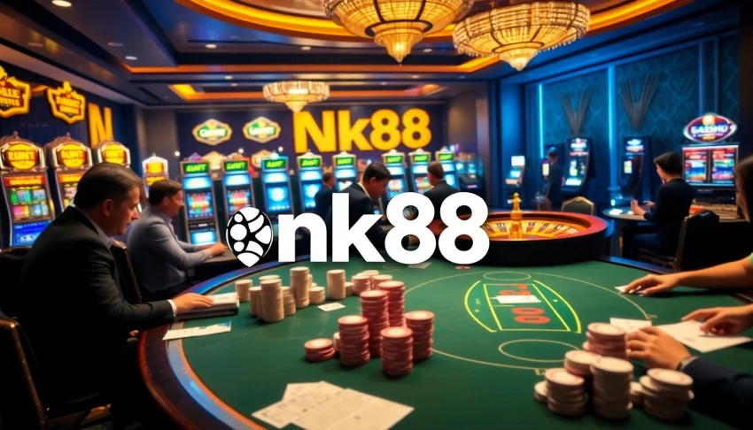 Players enjoying high-stakes poker at the luxurious nk88 casino, surrounded by vibrant slot machines.