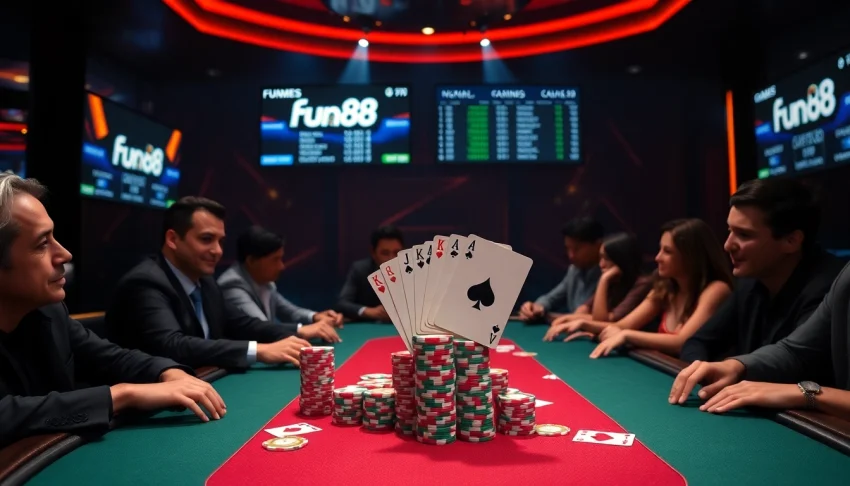 Fun88 players engaging at a vibrant poker table with colorful chips and winning cards.