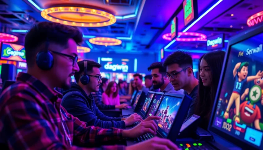 Diverse players enjoying electrifying online betting experiences at dagawin.live in a modern casino setting.