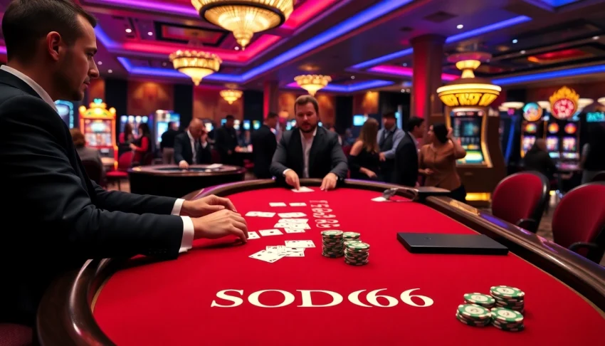 SODO66 poker table with professional dealers and colorful chips in a vibrant casino.