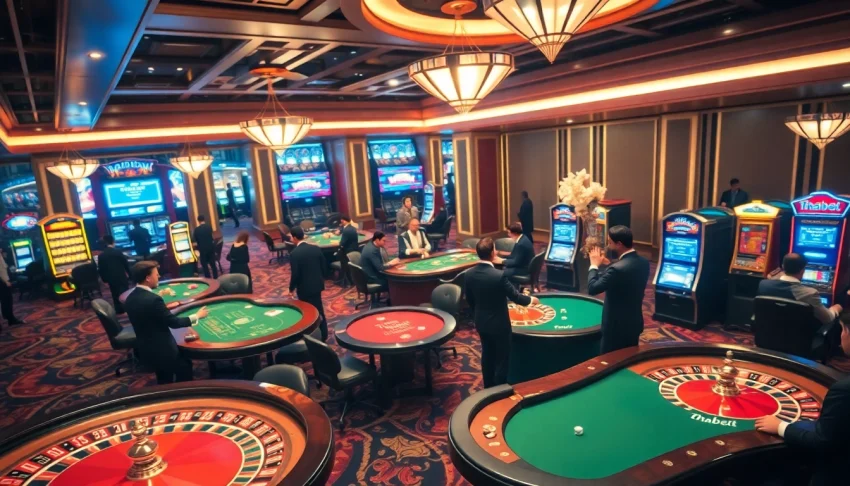 Experience the excitement of Thabet gaming with luxurious casino tables and vibrant slot machines.