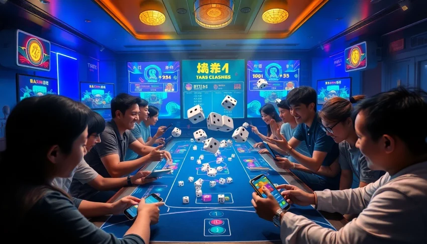 Tài Xỉu gameplay with dynamic players and digital interfaces showcasing excitement and strategy.