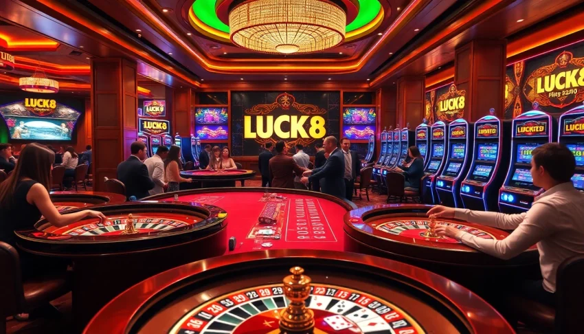 Players enjoying high-stakes games in a luxurious casino setting with LUCK8 branding.