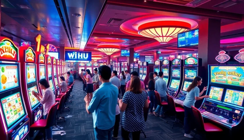Exciting scene of a nổ hũ slot machine in a vibrant casino, showcasing players immersed in gambling.