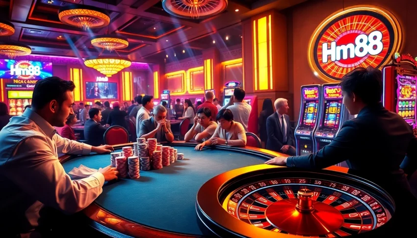 Experience the thrilling atmosphere of Nhà cái Hm88 with vibrant casino tables and engaging players.
