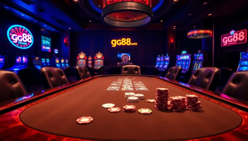 A thrilling poker scene at gg88 com showcasing high-stakes play with vibrant chips and cards.