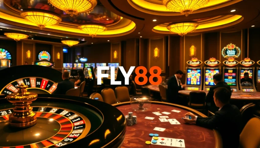 FLY88 players enjoying intense poker games at a luxurious casino table.