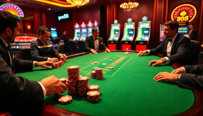 Action at the poker table showcasing good88 gaming excitement with vibrant chips and roulette.