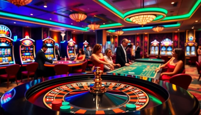 Experience the thrill of FIVE88 with glamorous casino tables and excited gamblers.