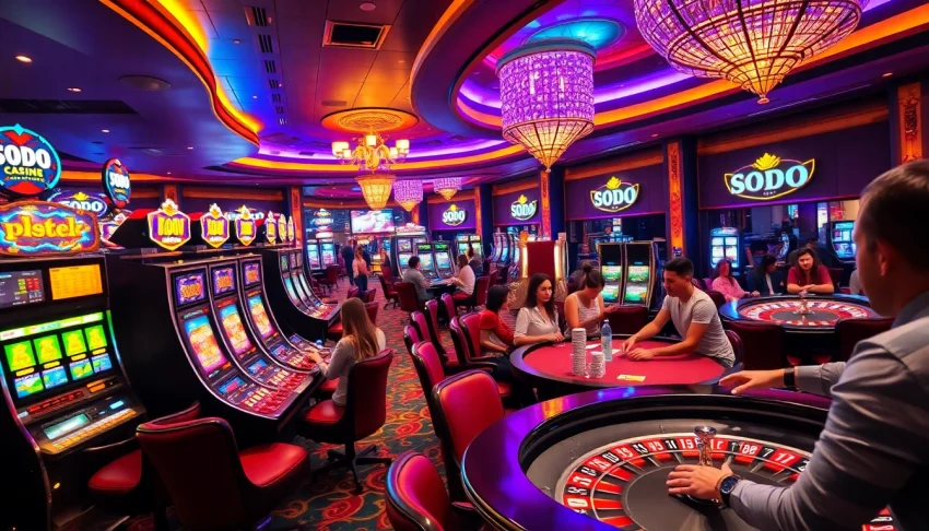 SODO-themed casino scene featuring vibrant poker tables, engaging players, and colorful chips.