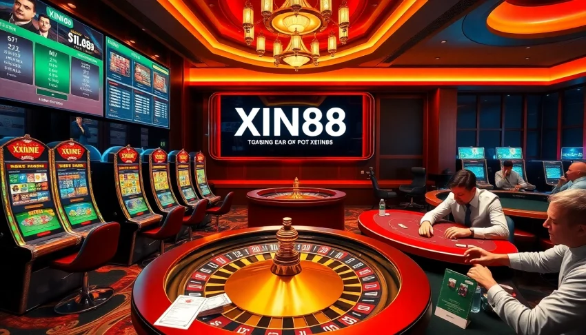XIN88 com enhancing online gaming experience with vibrant casino elements and digital betting excitement.