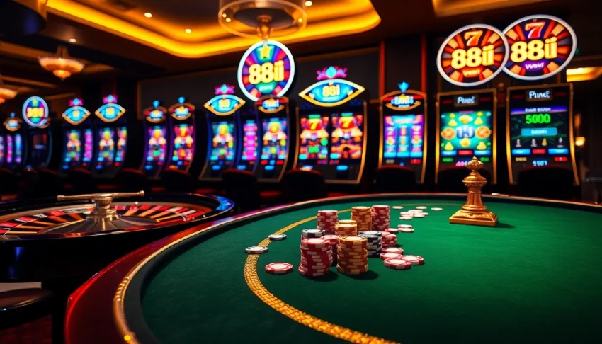 Experience the thrill of winning at 88i in a luxurious casino environment with a vibrant poker setup.