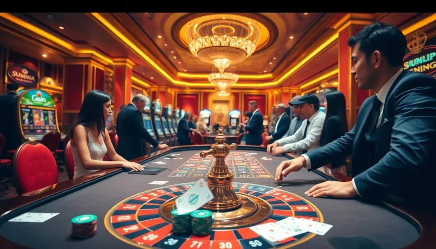 Experience the thrill of the sumvip club with players at the roulette table in a luxurious casino.