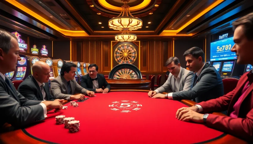 Players engaging in high-stakes poker under the luxurious vibe of 5z777 casino.